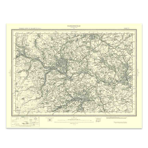 Authentic reproduction of Ordnance Survey map of Huddersfield 1896-1904 with a yellow tint background