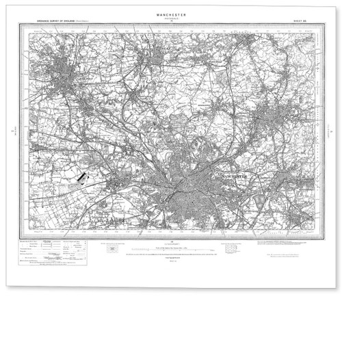 Black and white reproduction historical map of Manchester and wider area