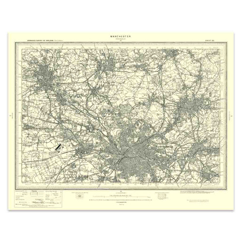Authentic reproduction of Ordnance Survey map of Manchester 1896-1904 with a yellow tint background