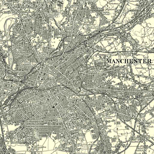 Close up of Authentic reproduction of Ordnance Survey map of Manchester 1896-1904 with a yellow tint background