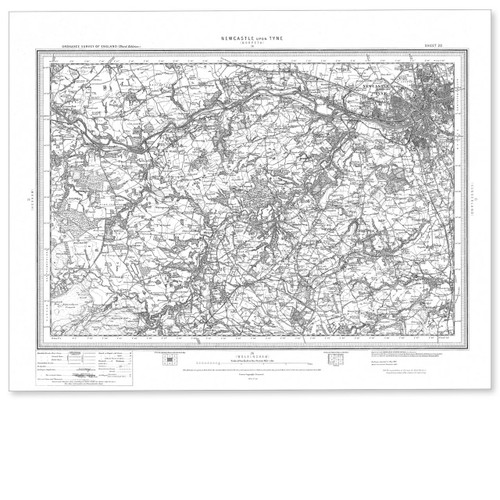Black and white reproduction historical map of Newcastle upon Tyne and wider area