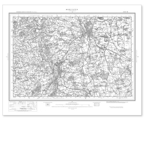 Black and white reproduction historical map of Worcester and wider area