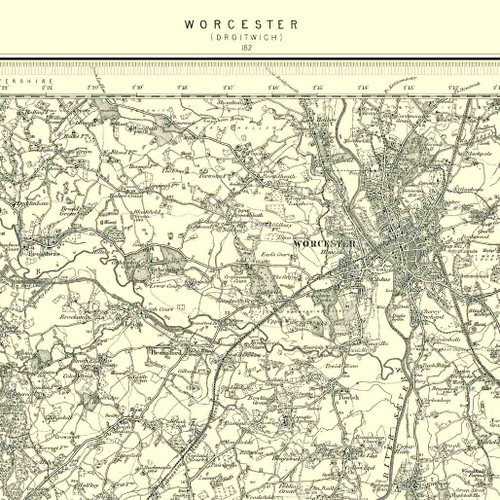 Close up of authentic reproduction of Ordnance Survey map of Worcester  1896-1904 with a yellow tint background