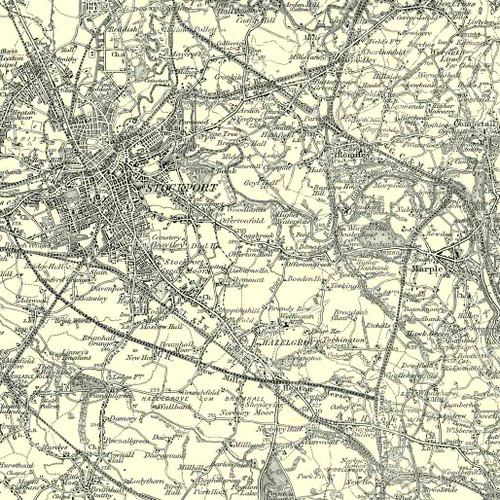 Close up of Authentic reproduction of Ordnance Survey map of Stockport 1896-1904 with a yellow tint background