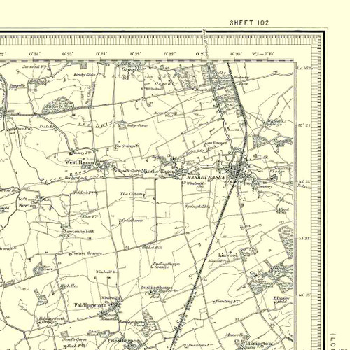 Close up of authentic reproduction of Ordnance Survey map of Market Rasen 1896-1904 with a yellow tint background