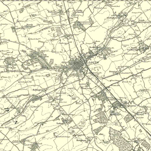 Close up of authentic reproduction of Ordnance Survey map of Louth 1896-1904 with a yellow tint background