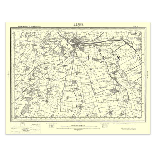 Authentic reproduction of Ordnance Survey map of Lincoln 1896-1904 with a yellow tint background