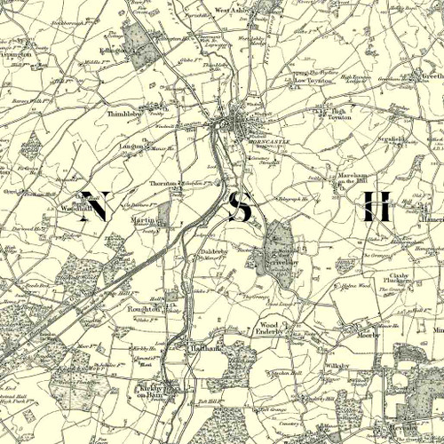 Close up of authentic reproduction of Ordnance Survey map of Horncastle 1896-1904 with a yellow tint background