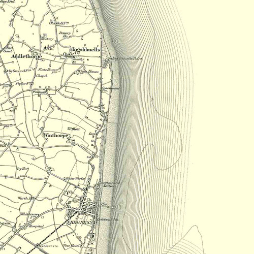 Close up of Authentic reproduction of Ordnance Survey map of Skegness 1896-1904 with a yellow tint background