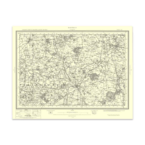 Authentic reproduction of Ordnance Survey map of Nantwich 1896-1904 with a yellow tint background
