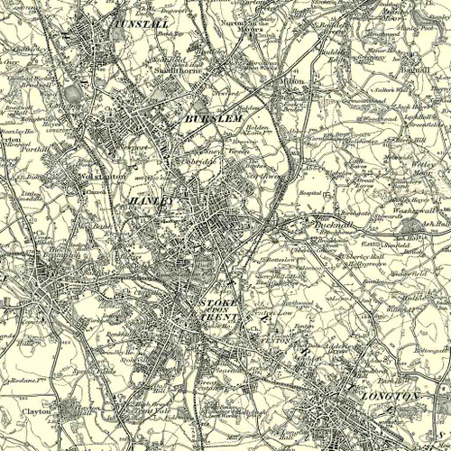 Close up of Authentic reproduction of Ordnance Survey map of Stoke upon Trent 1896-1904 with a yellow tint background