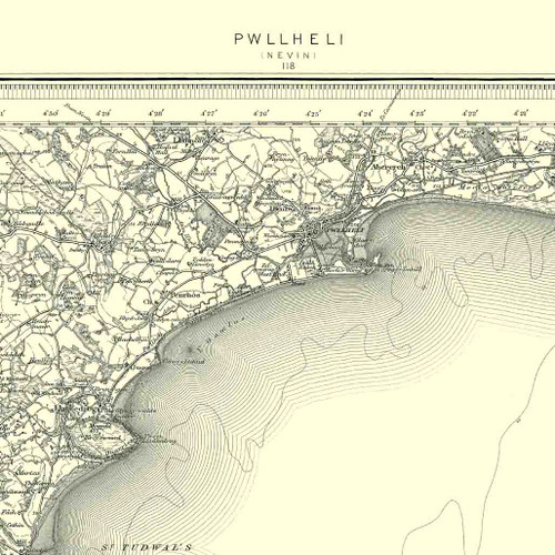 Close up of authentic reproduction of Ordnance Survey map of Pwllheli 1896-1904 with a yellow tint background