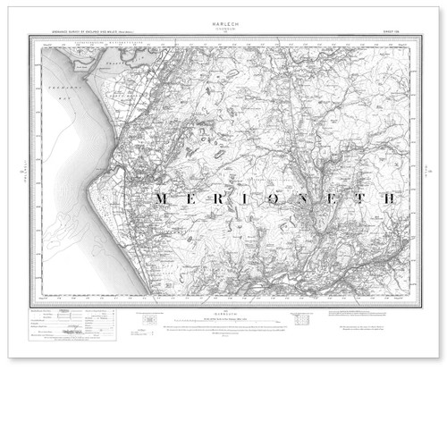 Black and white reproduction historical map of Harlech and wider area