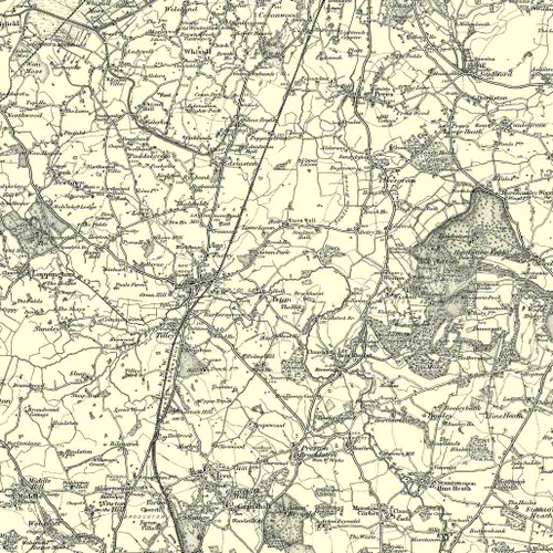 Close up of authentic reproduction of Ordnance Survey map of Wem 1896-1904 with a yellow tint background