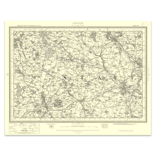 Authentic reproduction of Ordnance Survey map of Stafford 1896-1904 with a yellow tint background