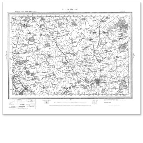 Black and white reproduction historical map of Melton Mowbray and wider area