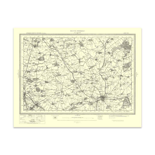 Authentic reproduction of Ordnance Survey map of Melton Mowbray 1896-1904 with a yellow tint background