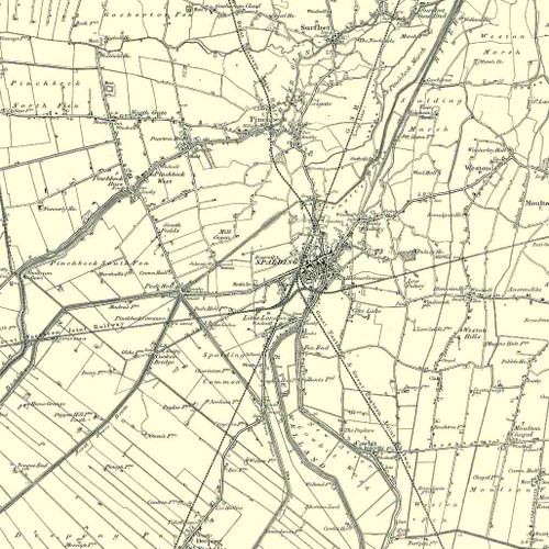 Close up of authentic reproduction of Ordnance Survey map of Spalding 1896-1904 with a yellow tint background