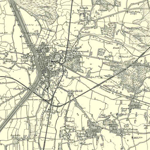 Close up of Authentic reproduction of Ordnance Survey map of King's Lynn 1896-1904 with a yellow tint background