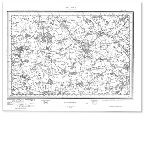 Black and white reproduction historical map of Fakenham and wider area