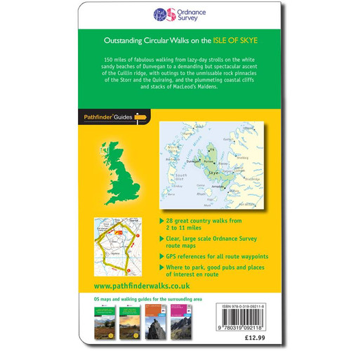 Green & yellow back cover on the OS Pathfinder Guidebook 3 - Walks in Isle of Skye Pathfinder Guides with circular walks