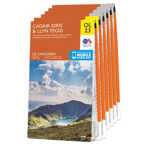 Orange front covers of the maps in the OS Explorer Welsh Coast North Western Area map set