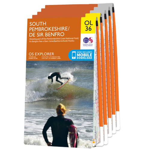 Orange front covers of the maps in the OS Explorer Welsh Coast South Western Area map set