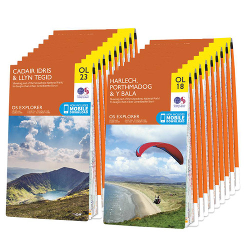 Orange front covers of the maps in the OS Explorer Welsh Coast map set