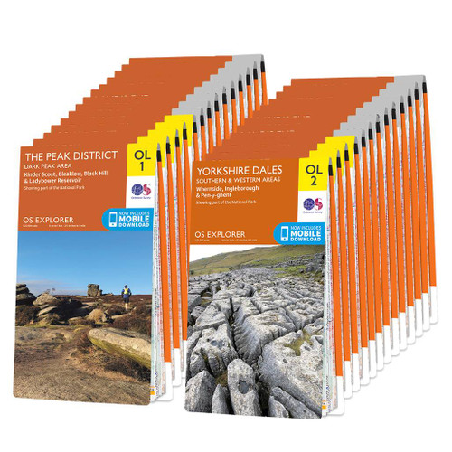 Orange front covers of 2 of the maps in the Complete set of 403 OS Explorer maps the front covers on show are of OL1 The Peak District and OL2 Yorkshire Dales with many other maps stacked behind them