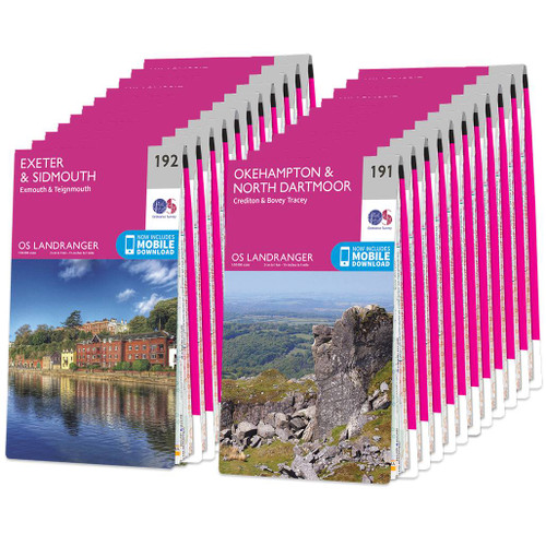 Pink front covers of the Complete set of 204 OS Landranger Maps including 192 Exeter & Sidmouth and 191 Okehampton & North Dartmoor at the front of two stacks of maps