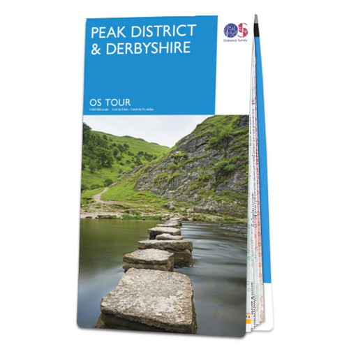 Mid-blue front cover of OS Tour Map of Peak District and Derbyshire