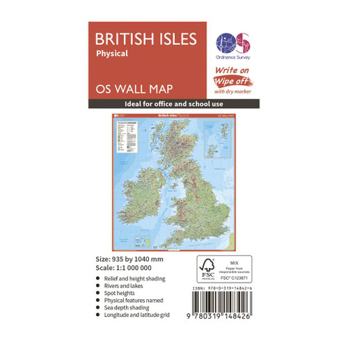 Dark red back cover of the write on wipe off British Isles - Physical Features OS Wall Map