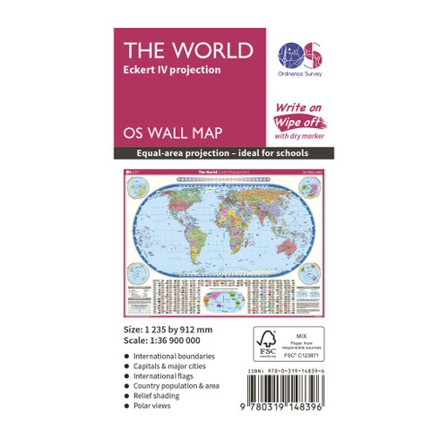 Dark red back cover of the write on wipe off OS Map of
The World - Eckert IV projection wall map