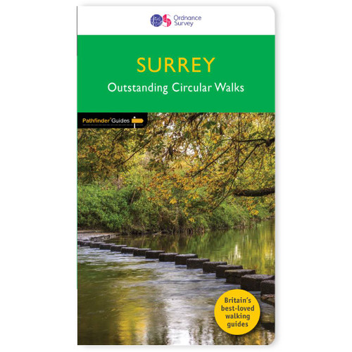 Green front cover on the OS Pathfinder Guidebook 65 - Walks in Surrey Pathfinder Guides with circular walks
