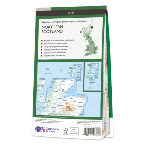 Dark green map back cover of OS Road 1 Map of North-East Scotland showing the area covered by the map