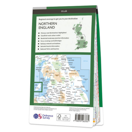 Dark green map back cover of OS Road 4 Map of Northern England showing the area covered by the map