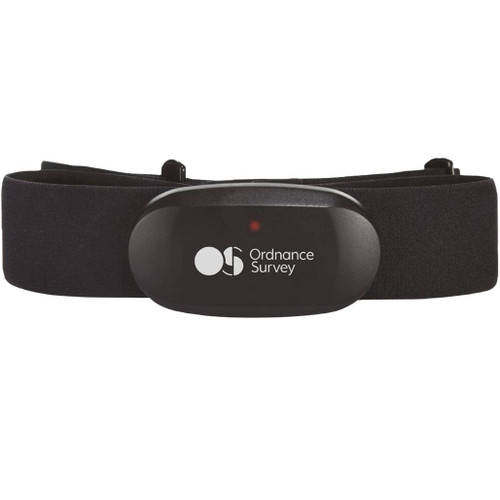 Front view of OS Wireless Heart Rate Monitor with black chest strap and unit with white Ordnance Survey logo