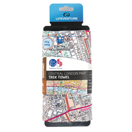 Lifeventure OS Central London Map Giant Trek Towel folded up and displayed in its retail card wrap