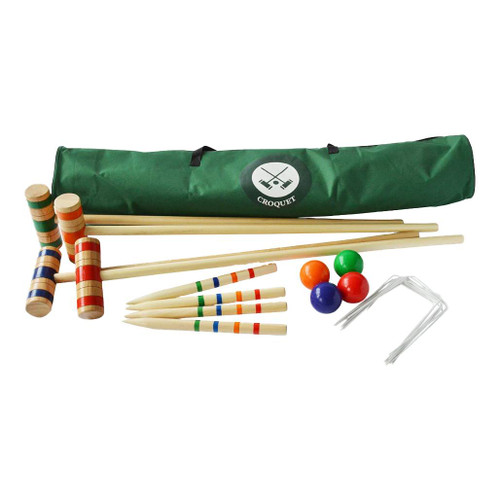 Traditional Garden Games full size family croquet set the complete contents laid out in front of it's green carry bag