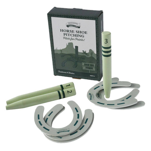 Garden horseshoe pitching game by Traditional Garden Games with its horseshoes, pins and box so you can take it anywhere