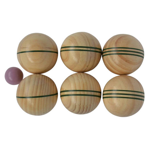 Traditional Garden Games Wooden French boules game set of 6 wood boules in a line of 2 sets of 3 and 1 jack to the left