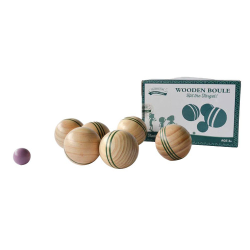 Traditional Garden Games Wooden French boules game set of 6 wood boules and 1 jack to the left in front of the box