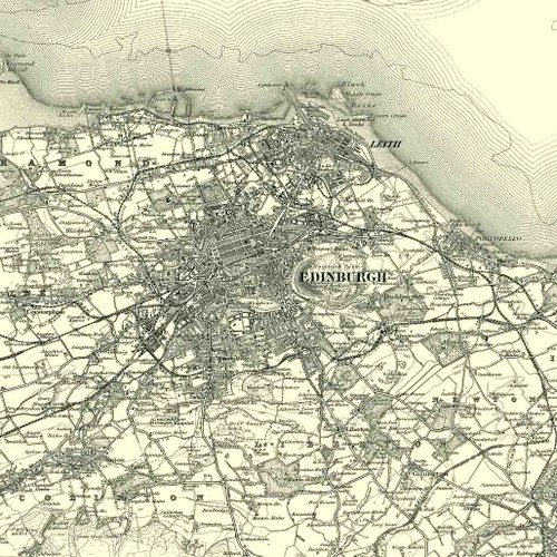 Close up of Authentic reproduction of Ordnance Survey map of Edinburgh 1896-1904 with a yellow tint background