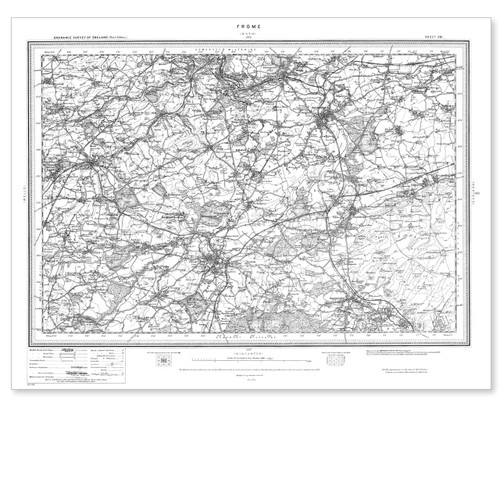 Black and white reproduction historical map of Frome and wider area