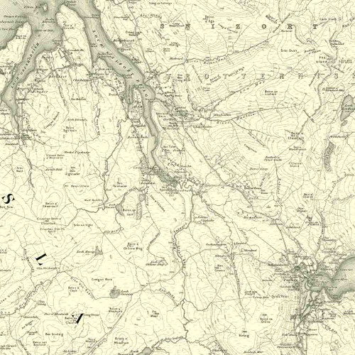 Close up of authentic reproduction of Ordnance Survey map of Portree 1896-1904 with a yellow tint background