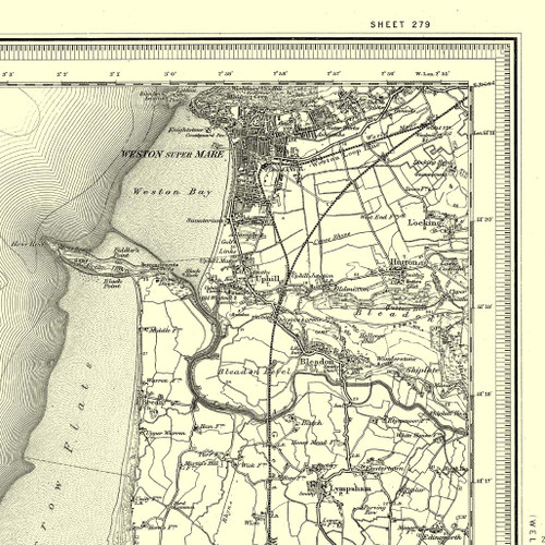 Close up of Authentic reproduction of Ordnance Survey map of Weston-super-Mare 1896-1904 with a yellow tint background