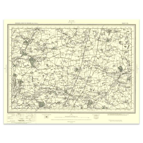 Authentic reproduction of Ordnance Survey map of Diss 1896-1904 with a yellow tint background