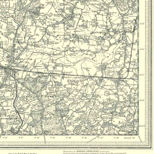 Close up of Authentic reproduction of Ordnance Survey map of Sevenoaks 1896-1904 with a yellow tint background