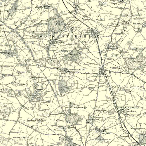 Close up of authentic reproduction of Ordnance Survey map of Moreton in Marsh 1896-1904 with a yellow tint background