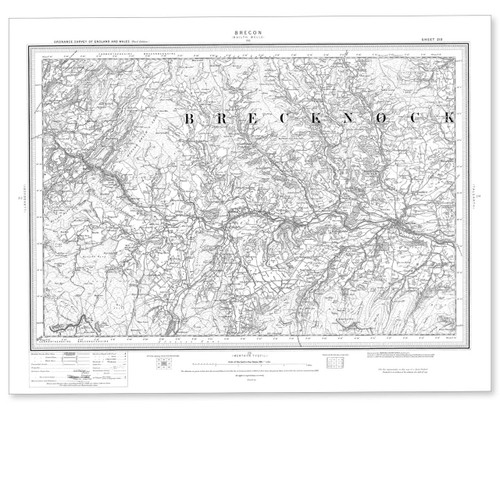 Black and white reproduction historical map of Brecon and wider area